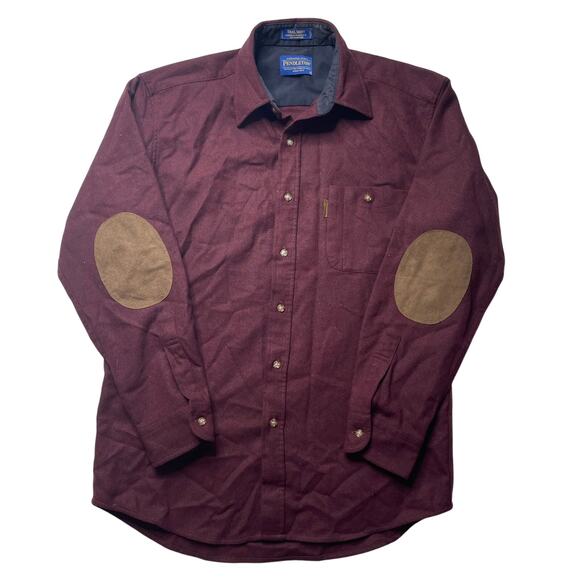 Pendleton Trail Shirt Burgundy Red Wool Button Up Medium Men's Elbow Patches - Picture 1 of 6